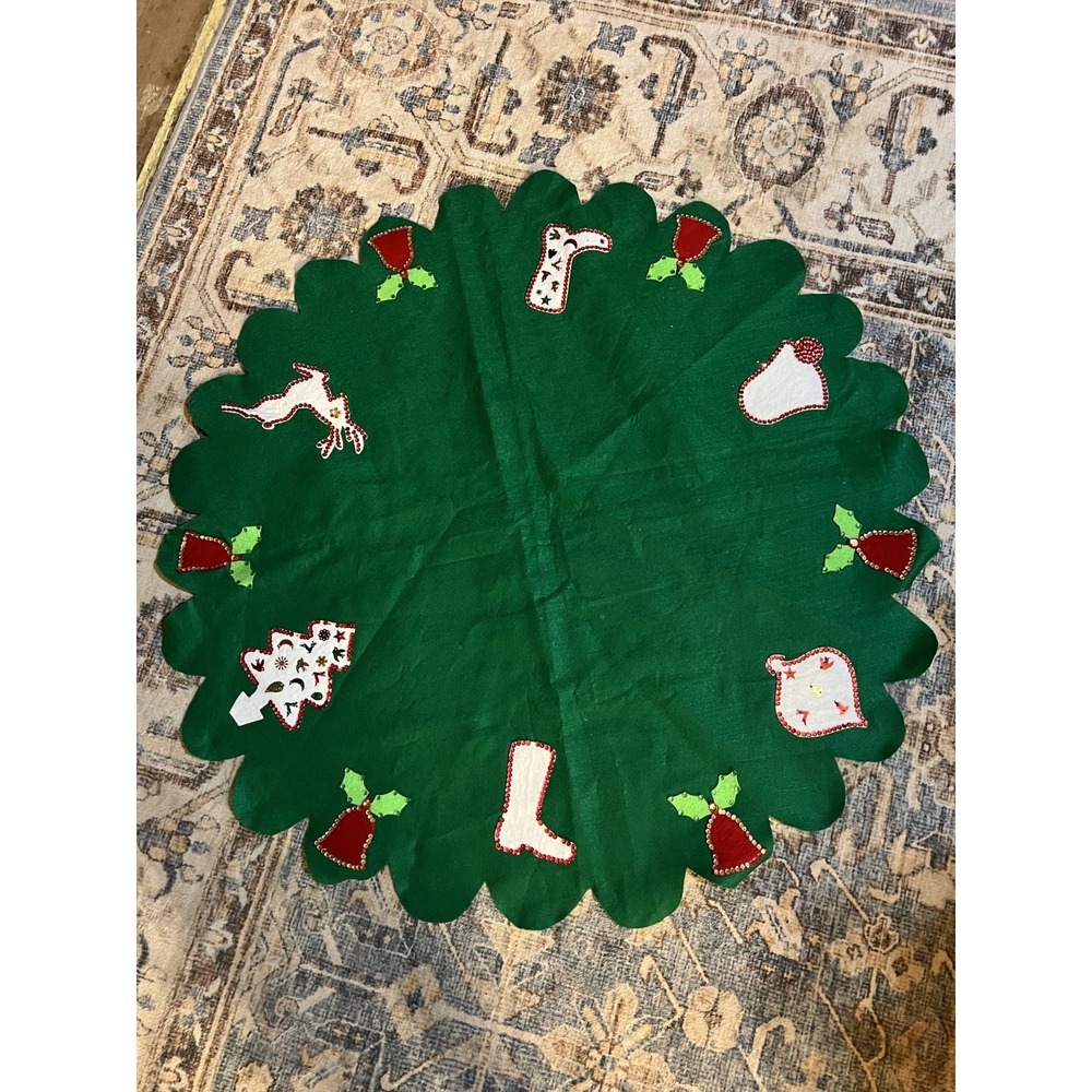 VTG Christmas Felt Applique Christmas Tree Skirt Trees, Bells, Ornaments, Boot